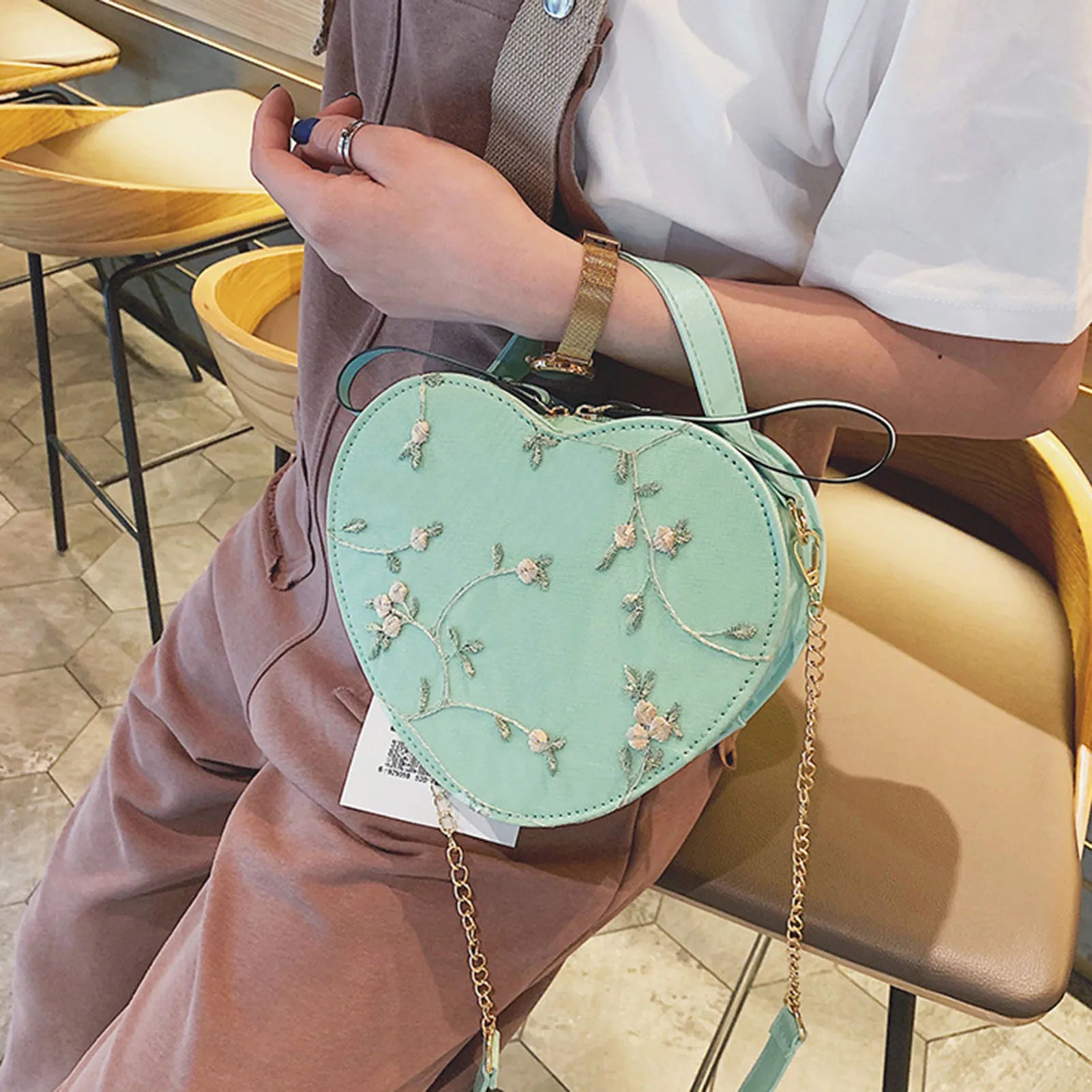 Love Heart Shape Shoulder Bag Small Handbags Flower Design Crossbody-heart shaped bag-green-All10dollars.com