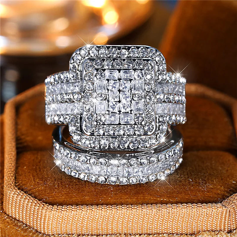 White Zircon Stone Ring Set Silver Engagement Bride Wedding Jewelry Gift Women-wedding band-All10dollars.com