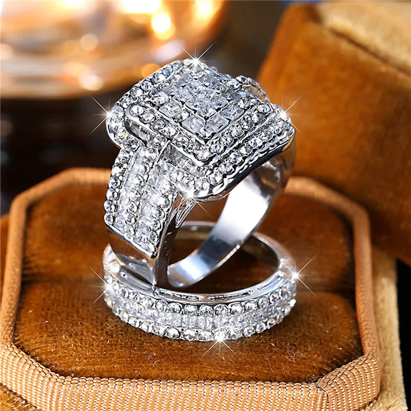 White Zircon Stone Ring Set Silver Engagement Bride Wedding Jewelry Gift Women-wedding band-All10dollars.com