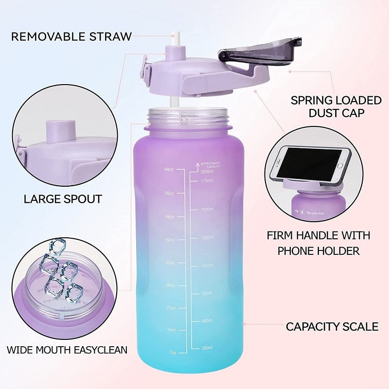 2L Water Bottle With Straw Large Capacity Sports Water Bottle BPA Free Portable Drinking Bottles With Time Marker-water bottle-All10dollars.com