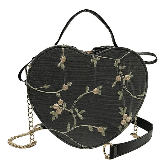 Love Heart Shape Shoulder Bag Small Handbags Flower Design Crossbody-heart shaped bag-black-All10dollars.com