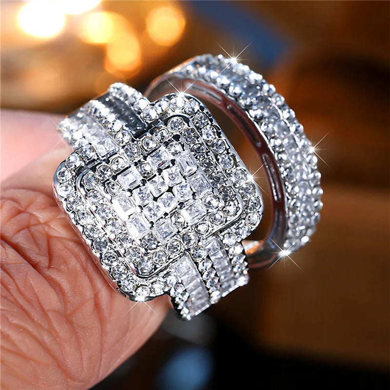 White Zircon Stone Ring Set Silver Engagement Bride Wedding Jewelry Gift Women-wedding band-All10dollars.com