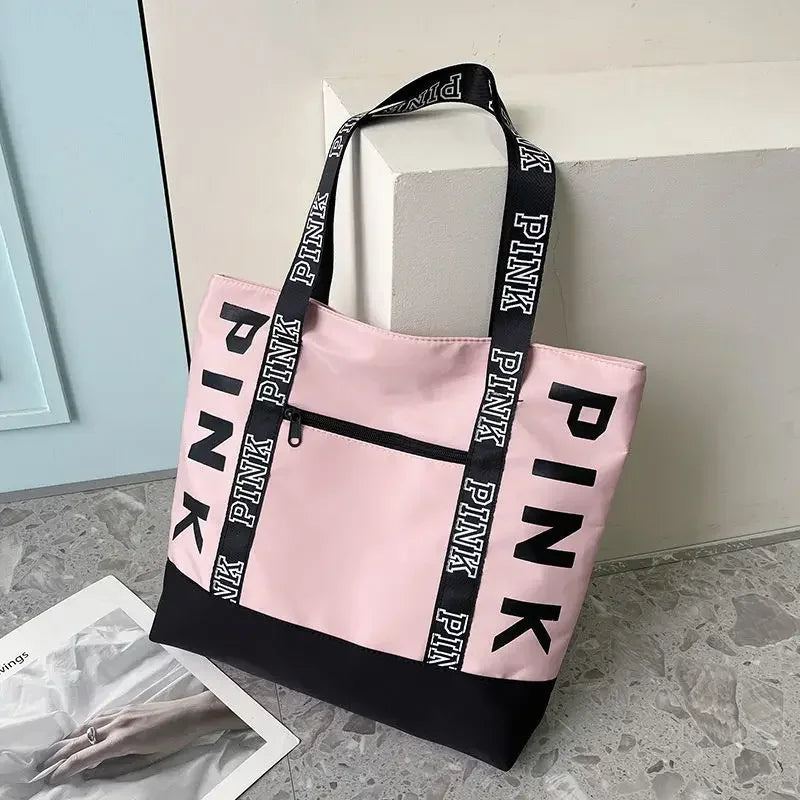 women large capacity shoulder nylon tote bag fashion letter strap handbags tote bag-Pink-All10dollars.com