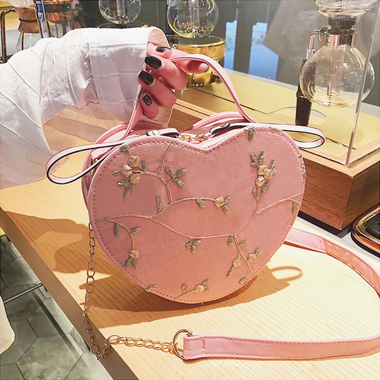 Love Heart Shape Shoulder Bag Small Handbags Flower Design Crossbody-heart shaped bag-Pink-All10dollars.com